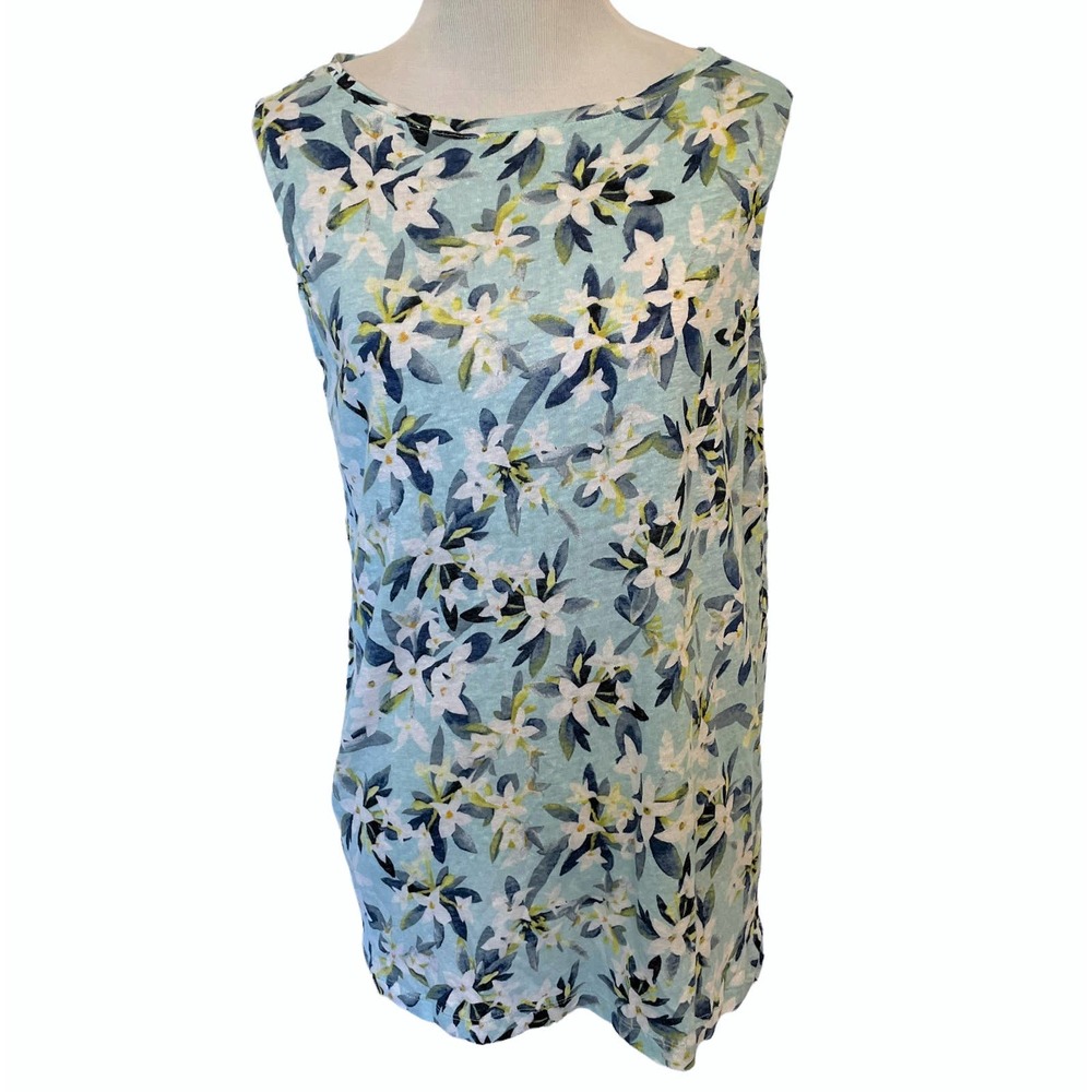 J. Jill Love Linen Aqua Blue Floral Tank ~ Women's Small Sleeveless Top